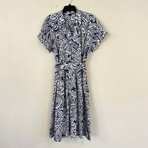 Talbots Womens Blue White Floral Paisley Midi Shirt Dress Size 18 Belted Poplin